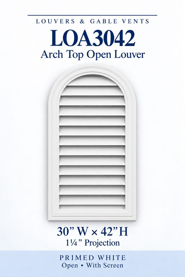 LOA3042 LOA3042 Arch Top Open Louver Vent — 30″ W × 42″ H — Primed White, primed white, 30 inches wide by 42 inches high