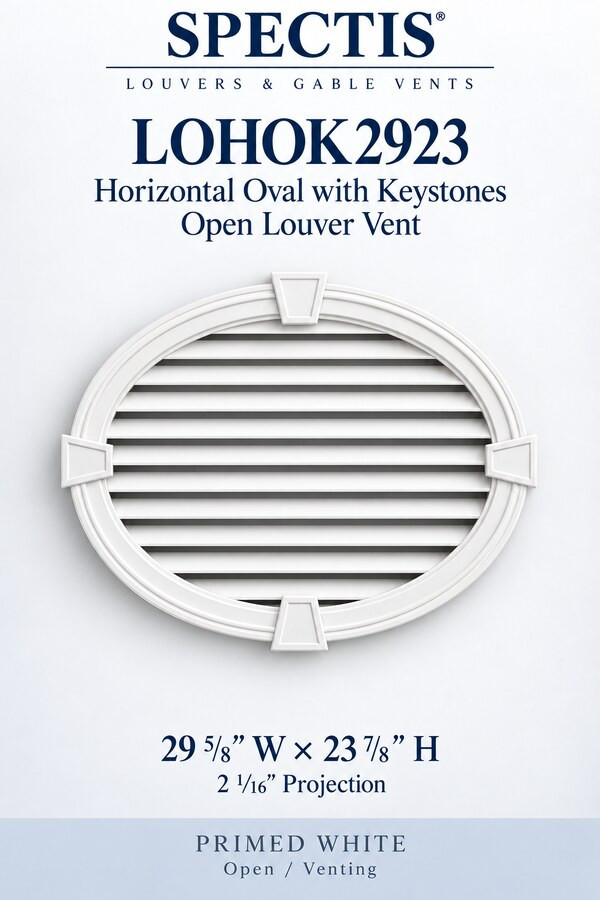 LOHOK2923 Horizontal Oval with Keystones Open Louver Vent — 29 5/8″ W × 23 7/8″ H — Primed White