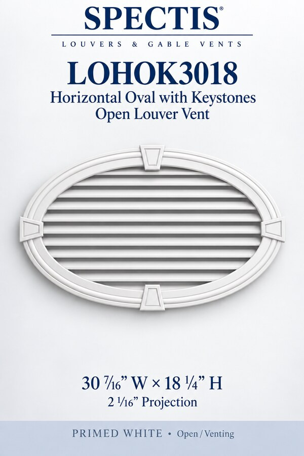 LOHOK3018 Horizontal Oval with Keystones Open Louver Vent — 30 7/16″ W × 18 1/4″ H — Primed White
