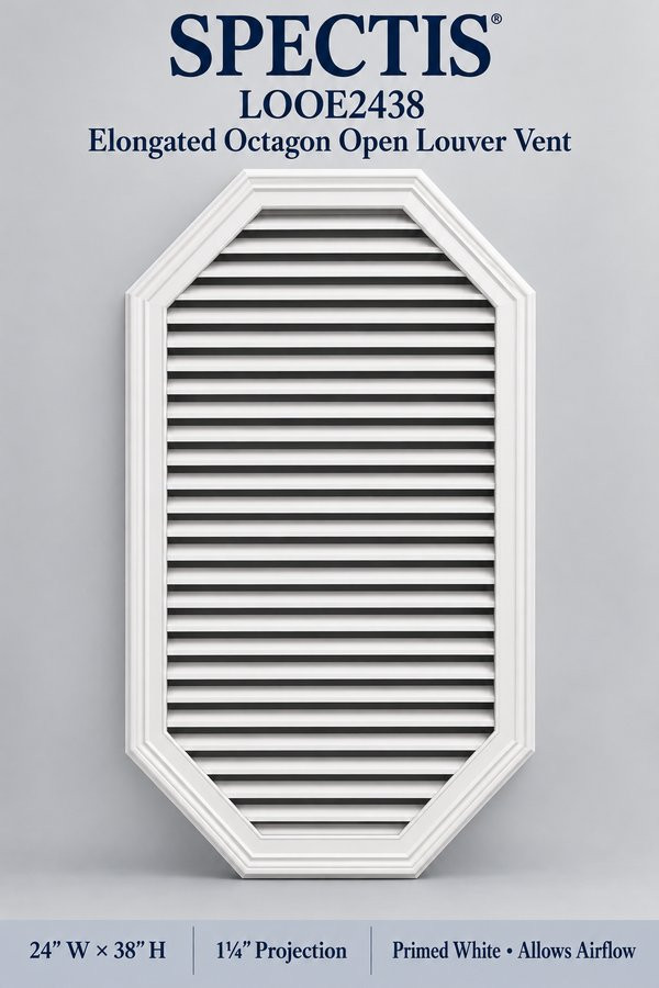 LOOE2438 Elongated Octagon Open Louver Vent — 24″ W × 38″ H — Primed White