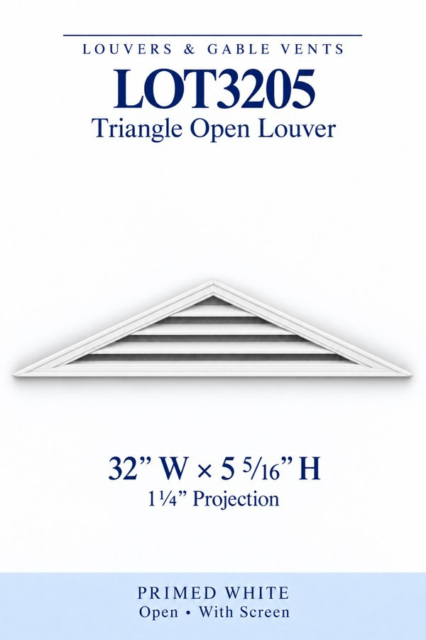 LOT3205 Triangle Open Louver Vent — 32″ W × 5 5/16″ H — Primed White