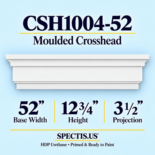 CSH1004-52 moulded door and window crosshead in primed HDP urethane, 52 inch base width, 12 3/4 inch height, 3 1/2 inch projection