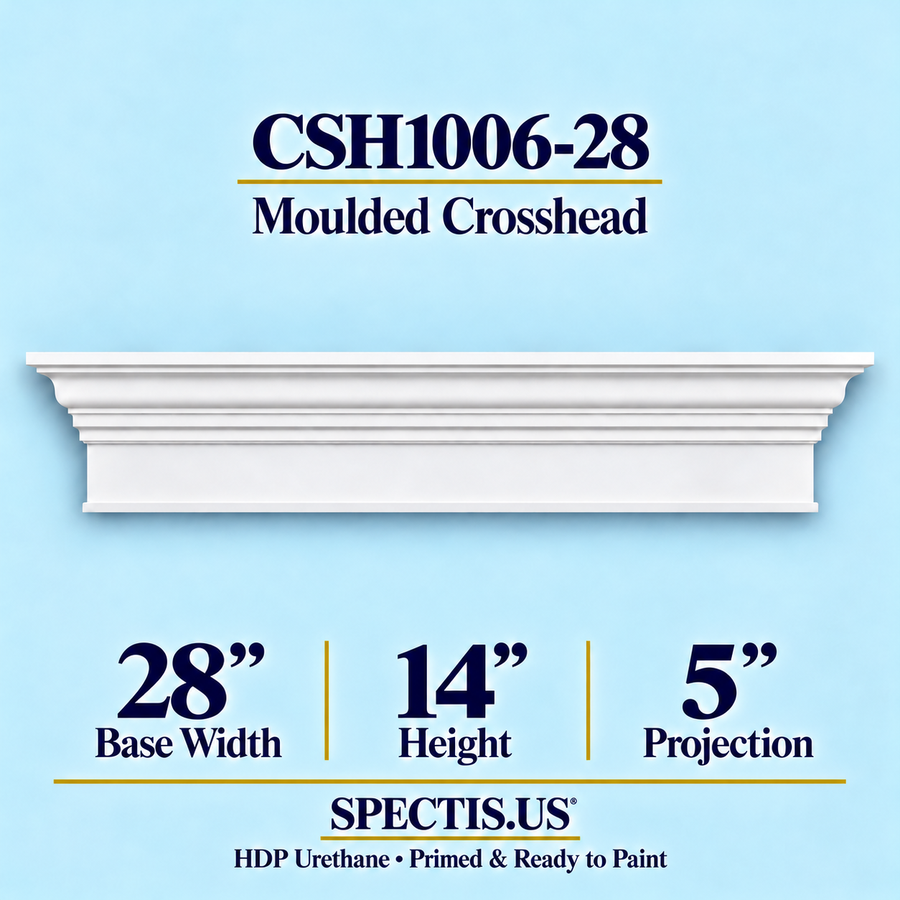 CSH1006-28 moulded door and window crosshead, 28 inch base width x 14 inch height x 5 inch projection, primed HDP urethane