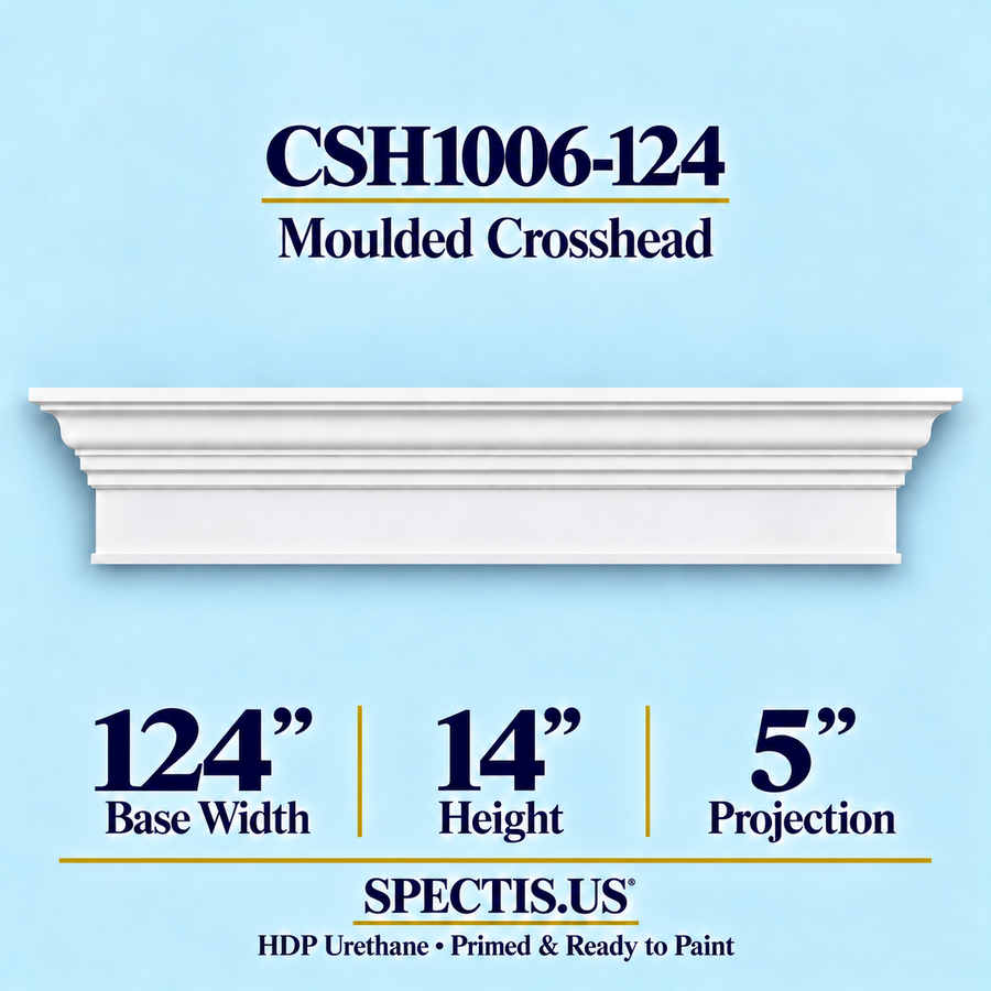 CSH1006-124 moulded door and window crosshead, 124 inch base width x 14 inch height x 5 inch projection, primed HDP urethane