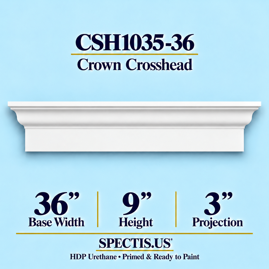 CSH1035-36 crown door and window crosshead, 36 inch base width x 9 inch height x 3 inch projection, primed HDP urethane