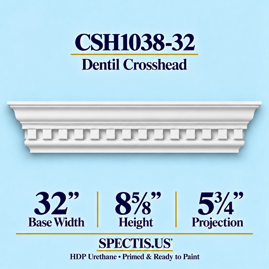 CSH1038-32 dentil door and window crosshead, 32 inch base width x 8⅝ inch height x 5¾ inch projection, primed HDP urethane