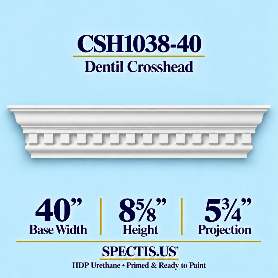 CSH1038-40 dentil door and window crosshead, 40 inch base width x 8⅝ inch height x 5¾ inch projection, primed HDP urethane
