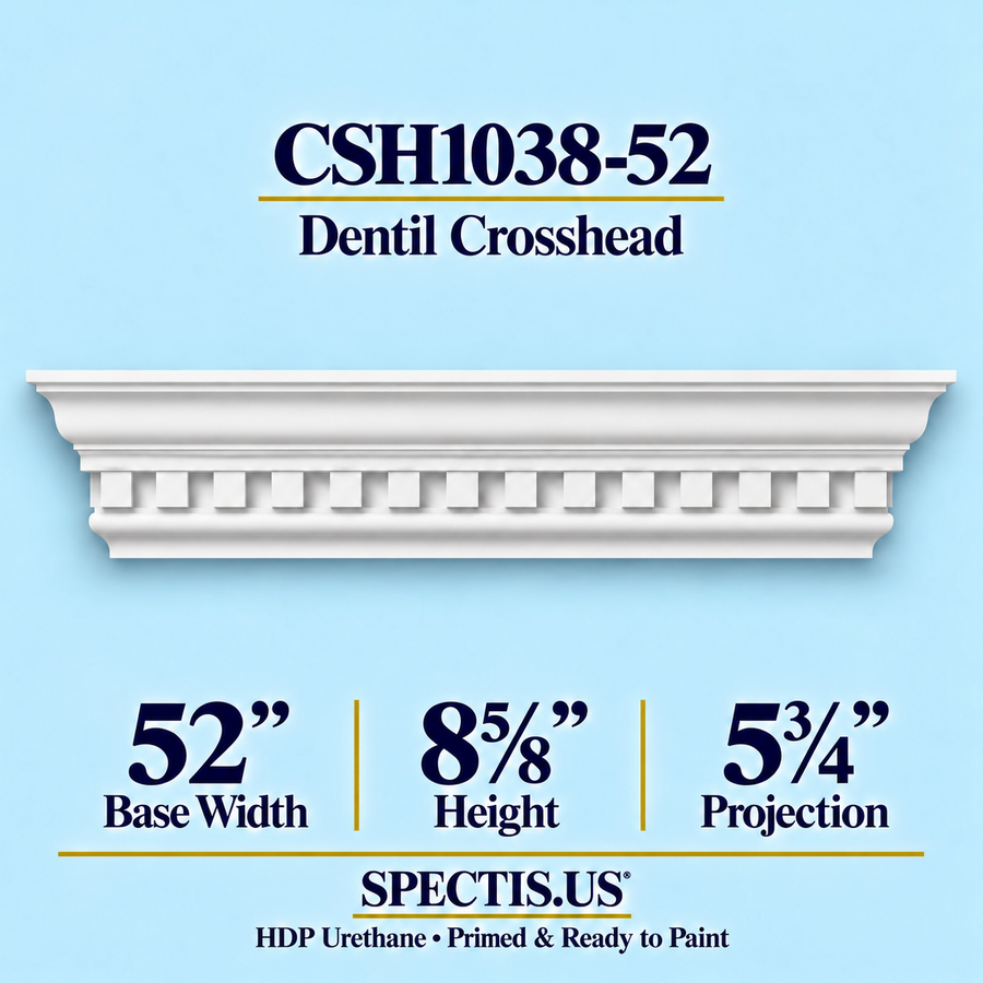 CSH1038-52 dentil door and window crosshead, 52 inch base width x 8⅝ inch height x 5¾ inch projection, primed HDP urethane