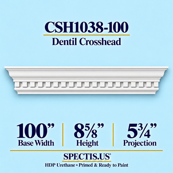 CSH1038-100 dentil door and window crosshead, 100 inch base width x 8⅝ inch height x 5¾ inch projection, primed HDP urethane