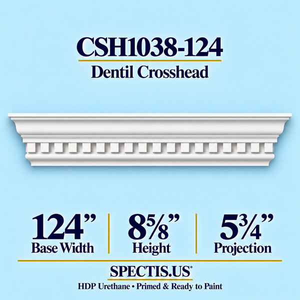 CSH1038-124 dentil door and window crosshead, 124 inch base width x 8⅝ inch height x 5¾ inch projection, primed HDP urethane