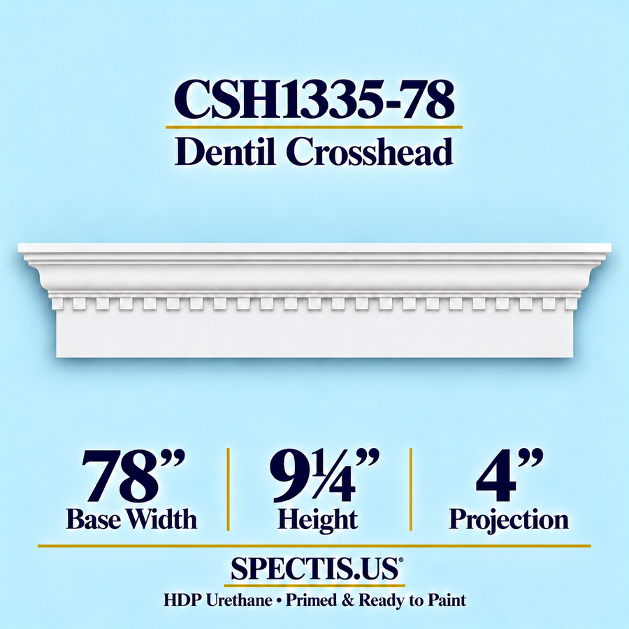 CSH1335-78 dentil door and window crosshead, 78 inch base width x 9¼ inch height x 4 inch projection, primed HDP urethane