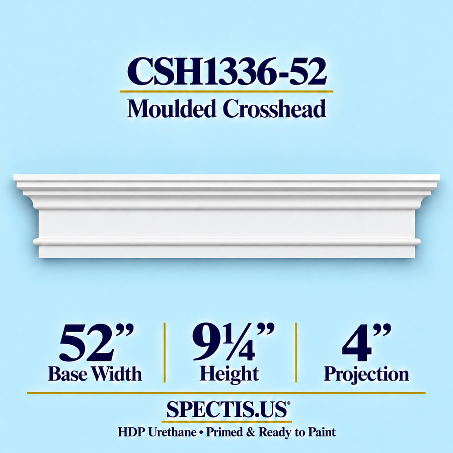 CSH1336-52 moulded door and window crosshead, 52 inch base width x 9¼ inch height x 4 inch projection, primed HDP urethane
