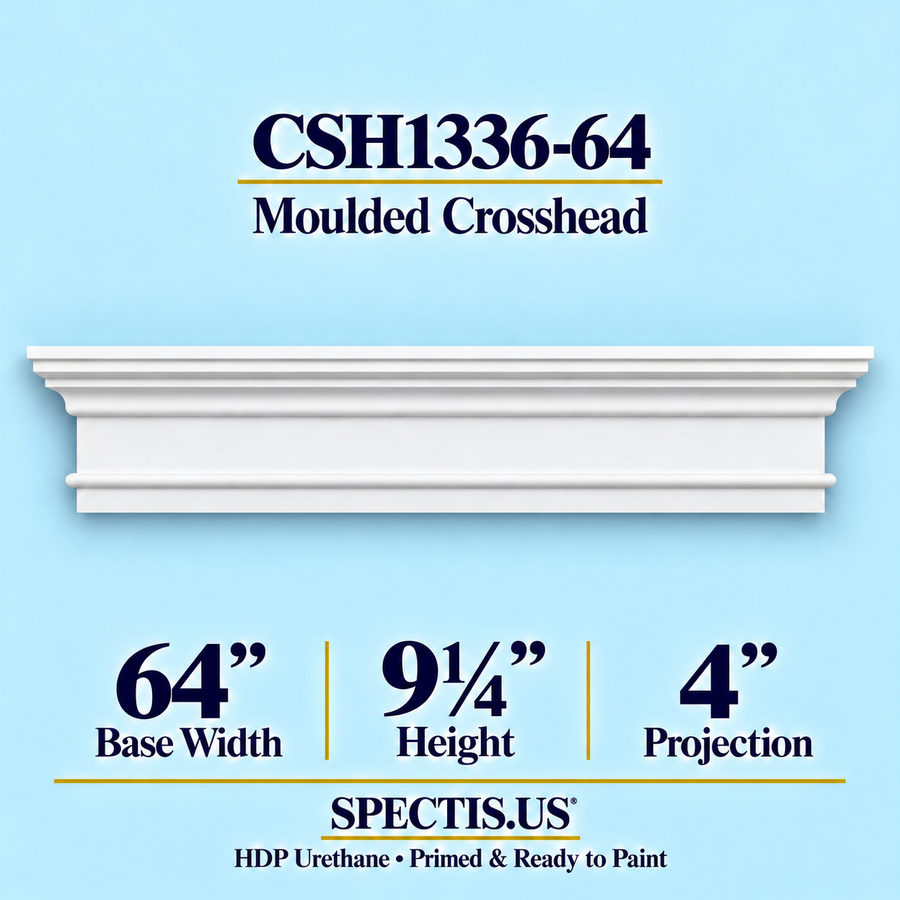 CSH1336-64 moulded door and window crosshead, 64 inch base width x 9¼ inch height x 4 inch projection, primed HDP urethane