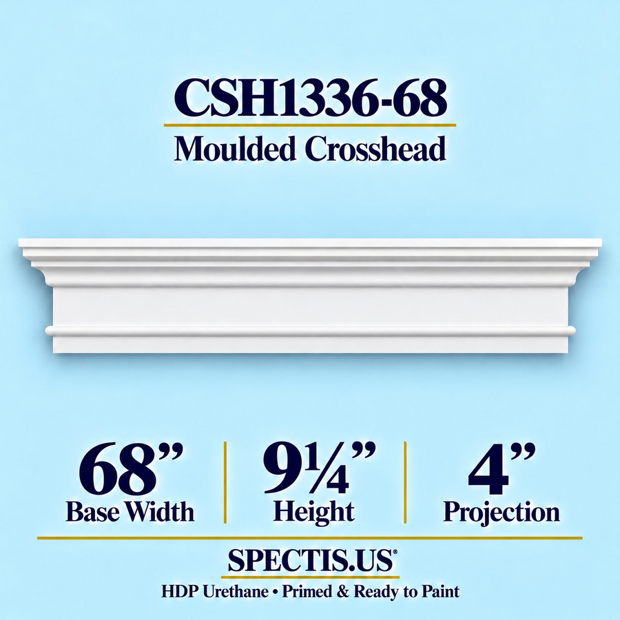 CSH1336-68 moulded door and window crosshead, 68 inch base width x 9¼ inch height x 4 inch projection, primed HDP urethane