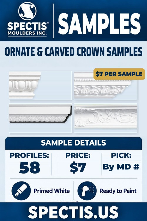 Spectis ornate & carved crown moulding samples, 58 profiles, $7 per sample