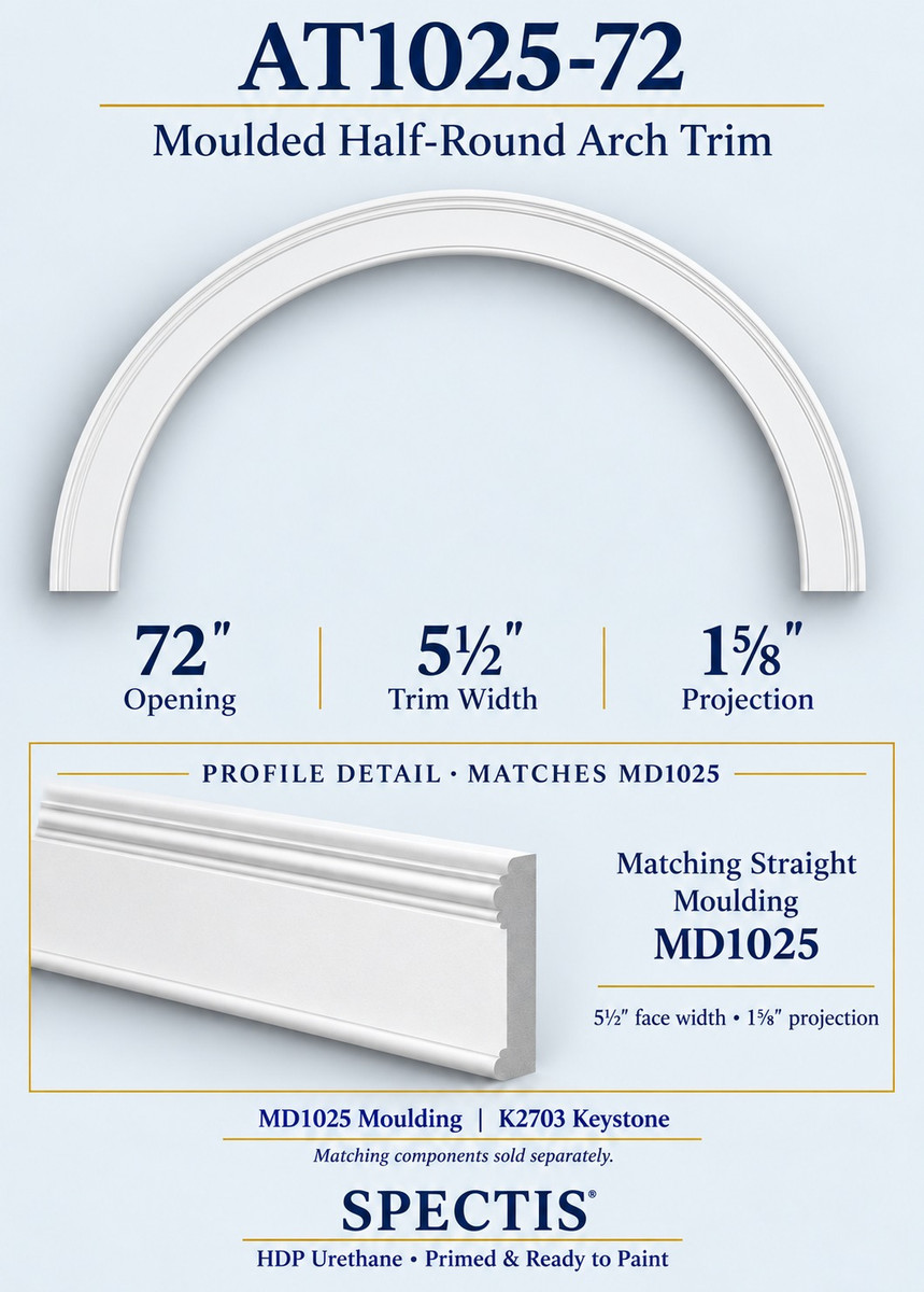 AT1025-72 moulded half-round HDP urethane arch trim, 72-inch opening, with MD1025 profile detail and matching K2703 keystone; 5.5-inch face, 1.625-inch projection