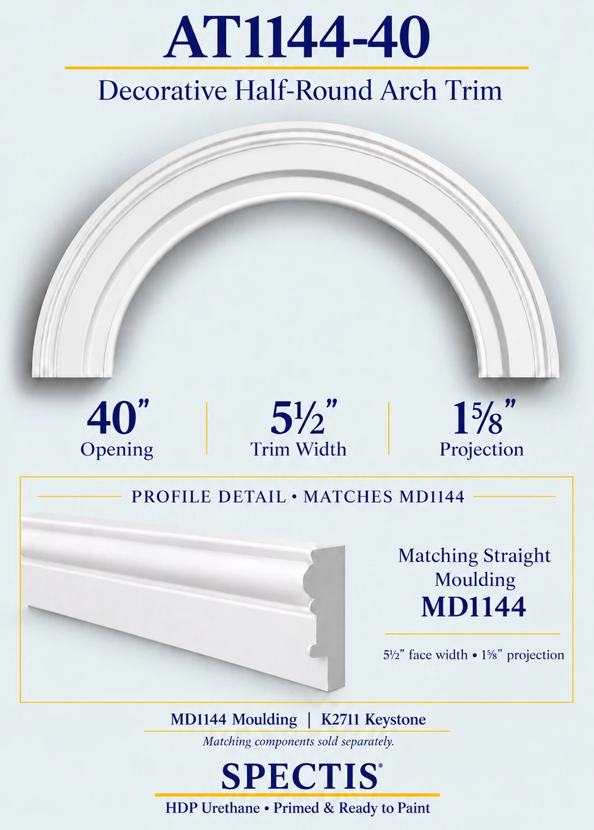 AT1144-40 decorative half-round HDP urethane arch trim for a 40-inch opening with matching MD1144 moulding profile and K2711 keystone information
