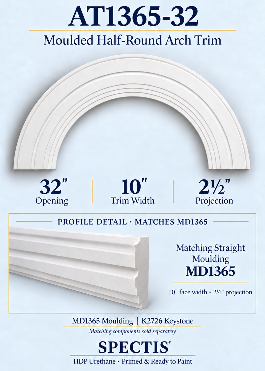 AT1365-32 moulded half-round HDP urethane arch trim, 32-inch opening, 10-inch face, 2.5-inch projection, with matching MD1365 moulding profile