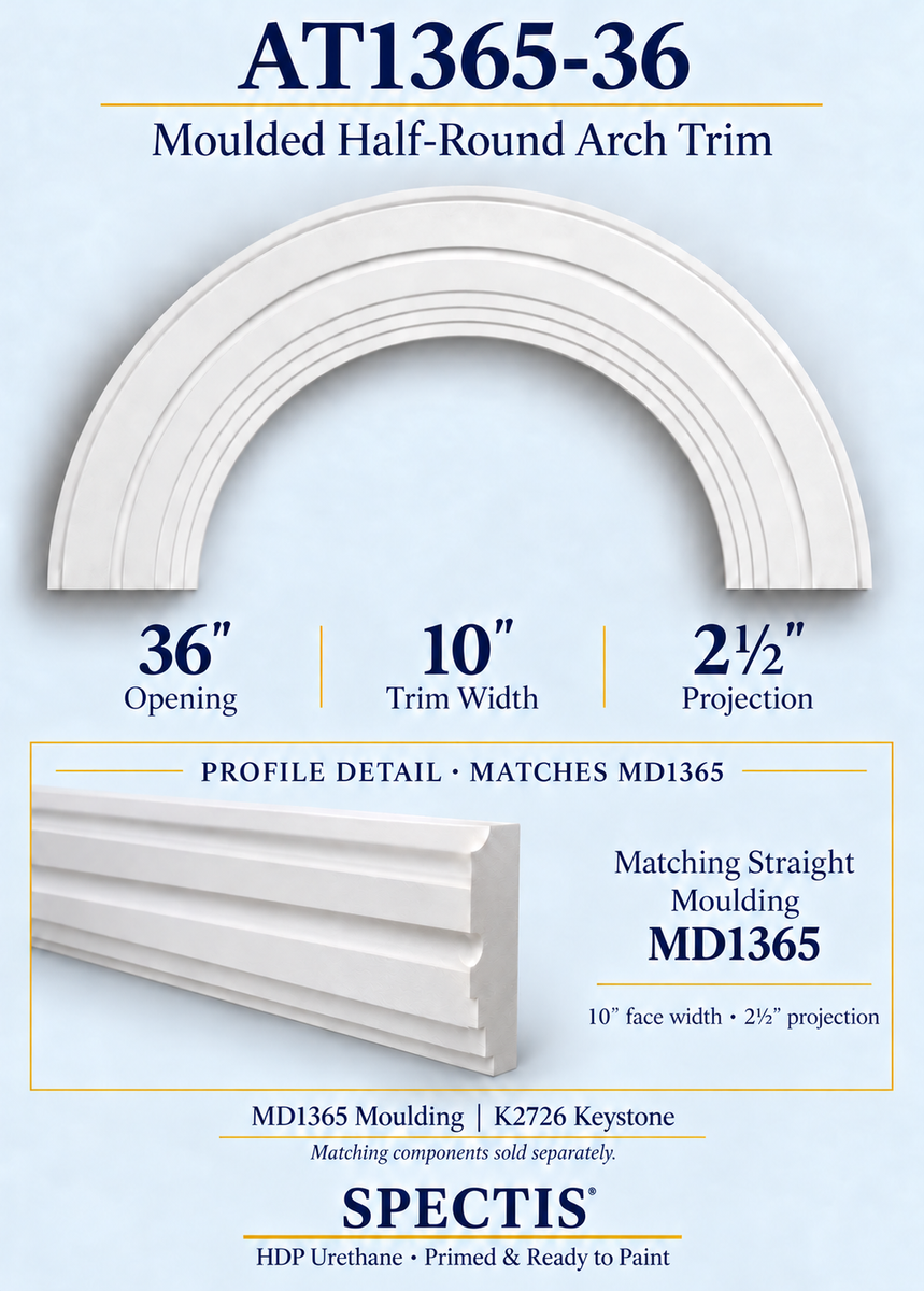AT1365-36 moulded half-round HDP urethane arch trim, 36-inch opening, 10-inch face, 2.5-inch projection, with matching MD1365 moulding profile
