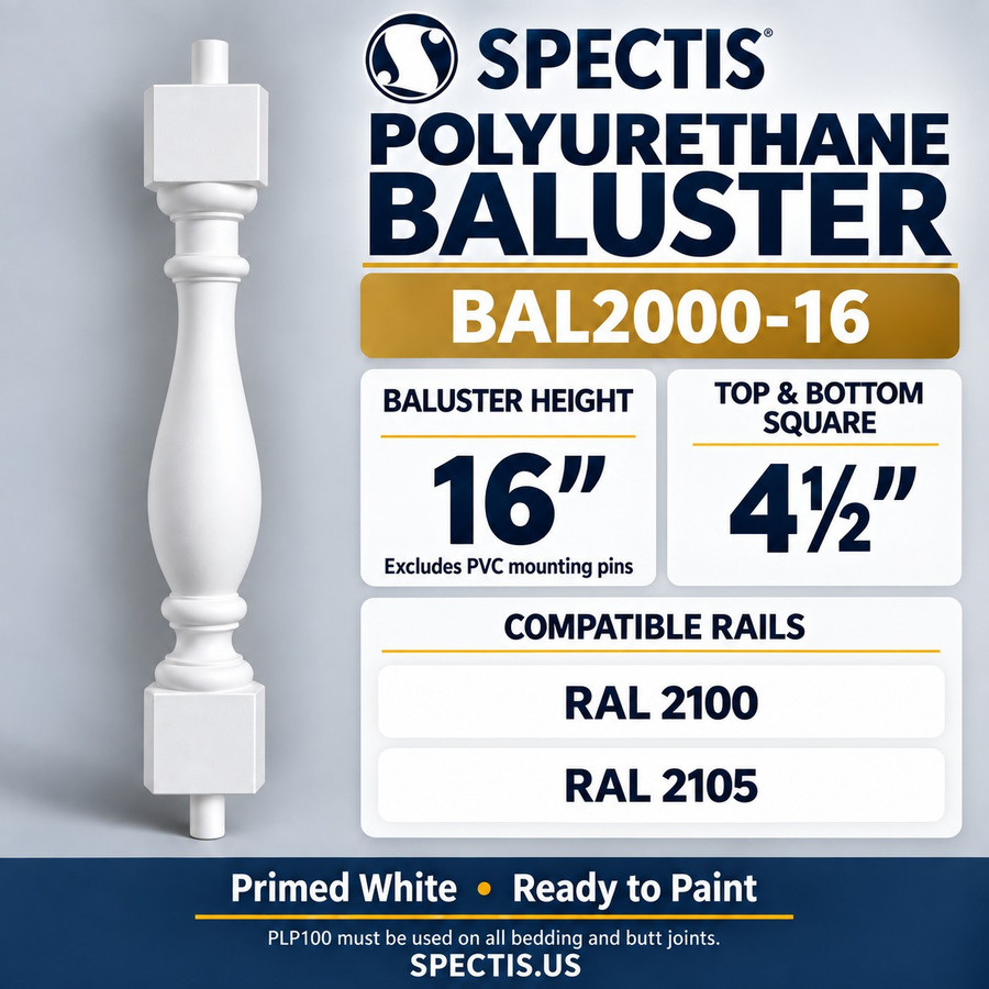 BAL2000-16 Spectis polyurethane baluster — 16-inch body height excluding PVC mounting pins, 4½-inch square ends; compatible rails RAL 2100 and RAL 2105.