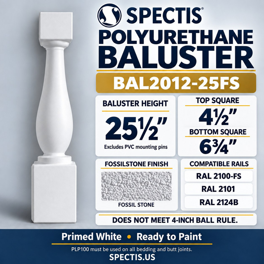 BAL2012-25FS Spectis polyurethane baluster, 25½-inch body height excluding PVC mounting pins; product profile, dimensions and compatible rails.