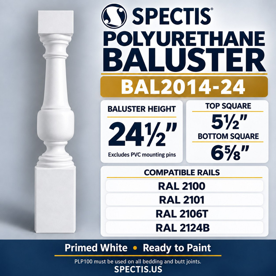 BAL2014-24 Spectis polyurethane baluster, 24½-inch body height excluding PVC mounting pins; product profile, dimensions and compatible rails.