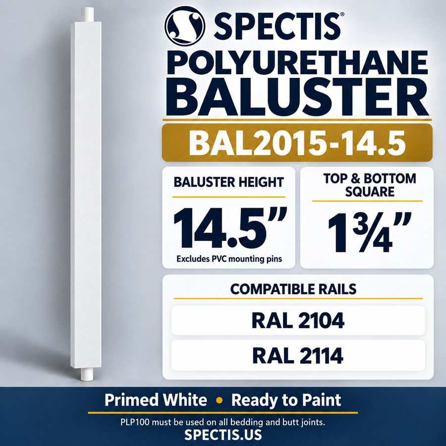 BAL2015-14.5 Spectis polyurethane baluster, 14.5-inch body height excluding PVC mounting pins; product profile, dimensions and compatible rails.
