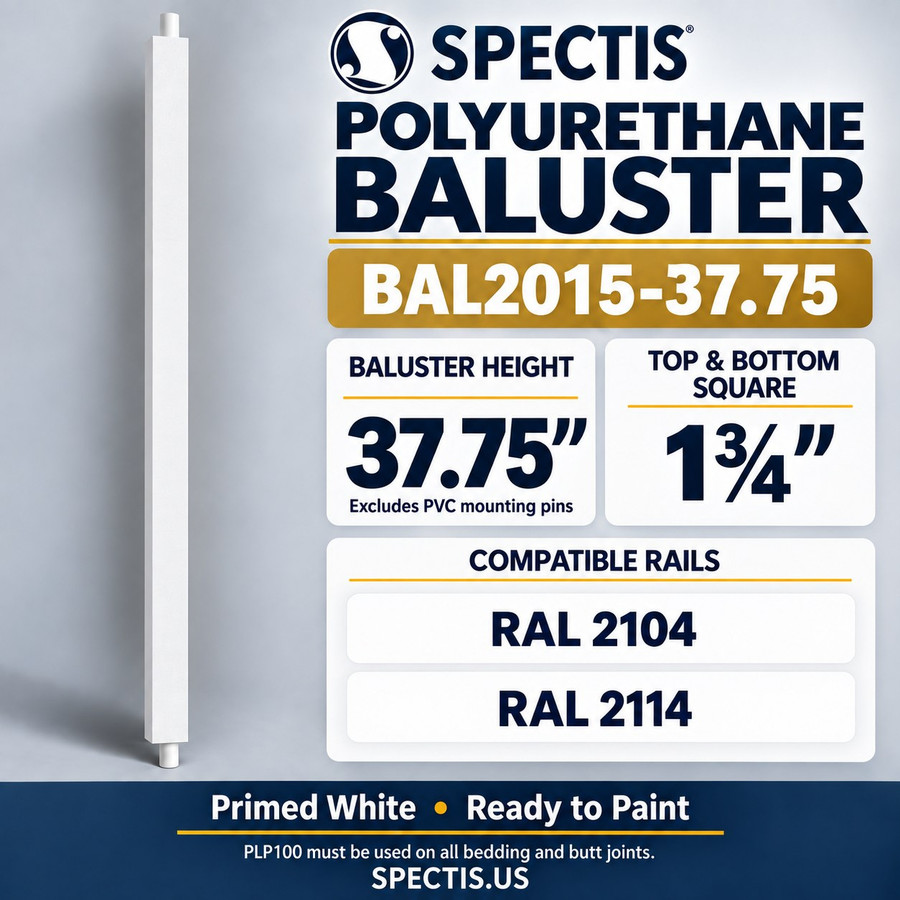 BAL2015-37.75 Spectis polyurethane baluster, 37.75-inch body height excluding PVC mounting pins; product profile, dimensions and compatible rails.