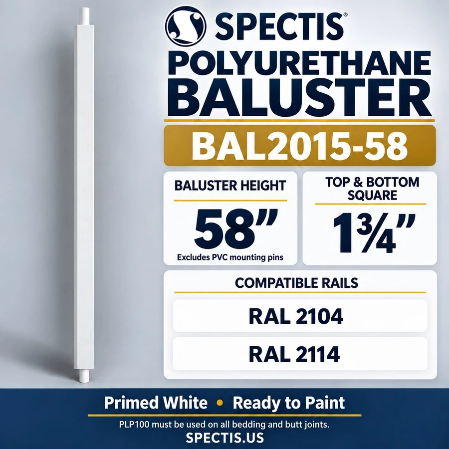 BAL2015-58 Spectis polyurethane baluster, 58-inch body height excluding PVC mounting pins; product profile, dimensions and compatible rails.