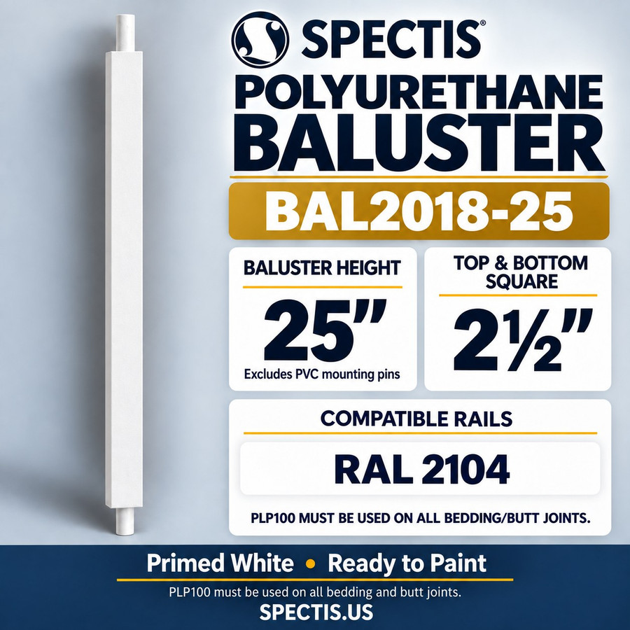 BAL2018-25 Spectis polyurethane baluster, 25-inch body height excluding PVC mounting pins; product profile, dimensions and compatible rails.