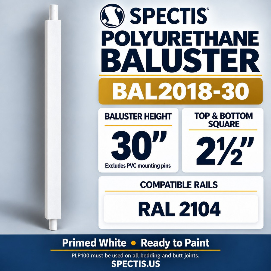 BAL2018-30 Spectis polyurethane baluster, 30-inch body height excluding PVC mounting pins; product profile, dimensions and compatible rails.