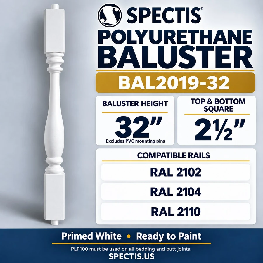 BAL2019-32 Spectis polyurethane baluster, 32-inch body height excluding PVC mounting pins; product profile, dimensions and compatible rails.