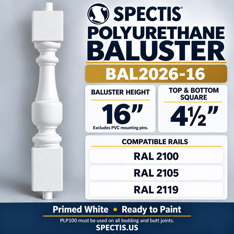 BAL2026-16 Spectis polyurethane baluster — product profile, dimensions and compatible rail numbers.