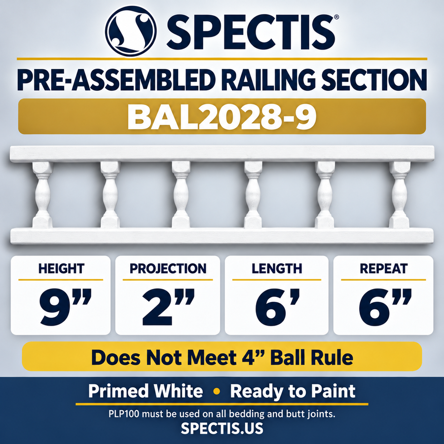 BAL2028-9 Spectis polyurethane preassembled railing section — 9 inch height, 2 inch projection, 6 foot length, 6 inch repeat
