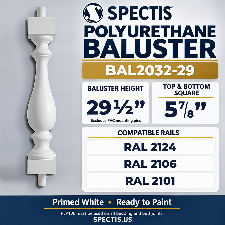 BAL2032-29 Spectis Polyurethane Baluster — 29 1/2″ H × 5 7/8″ Square; compatible rails: RAL 2124, RAL 2106, RAL 2101