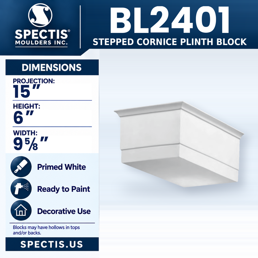 BL2401 Stepped Cornice Plinth Block, Spectis polyurethane block, 15 in projection x 6 in high x 9 5/8 in wide