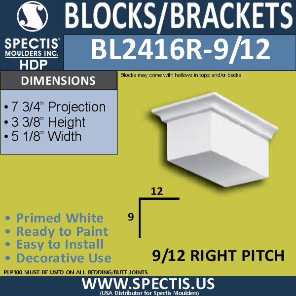 BL2416R-9/12 Pitch Eave Block 5"W x 4"H x 8" P