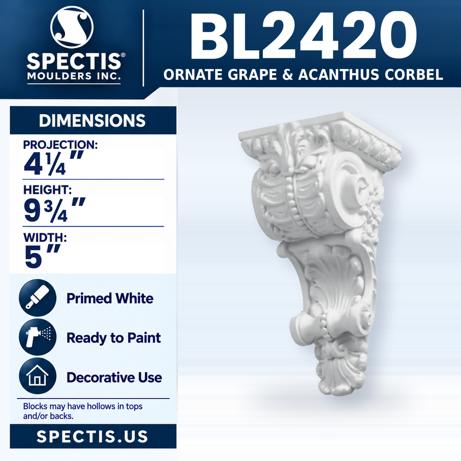 BL2420 Ornate Grape & Acanthus Corbel, Spectis polyurethane corbel, 4 1/4 in projection x 9 3/4 in high x 5 in wide