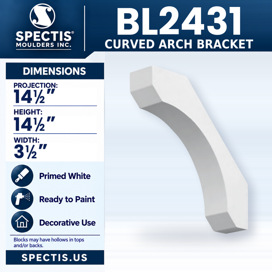 BL2431 Curved Arch Bracket, Spectis polyurethane bracket, 14 1/2 in projection x 14 1/2 in high x 3 1/2 in wide
