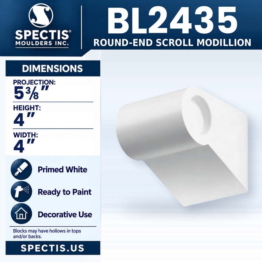 BL2435 Round-End Scroll Modillion, Spectis polyurethane modillion, 5 3/8 in projection x 4 in high x 4 in wide