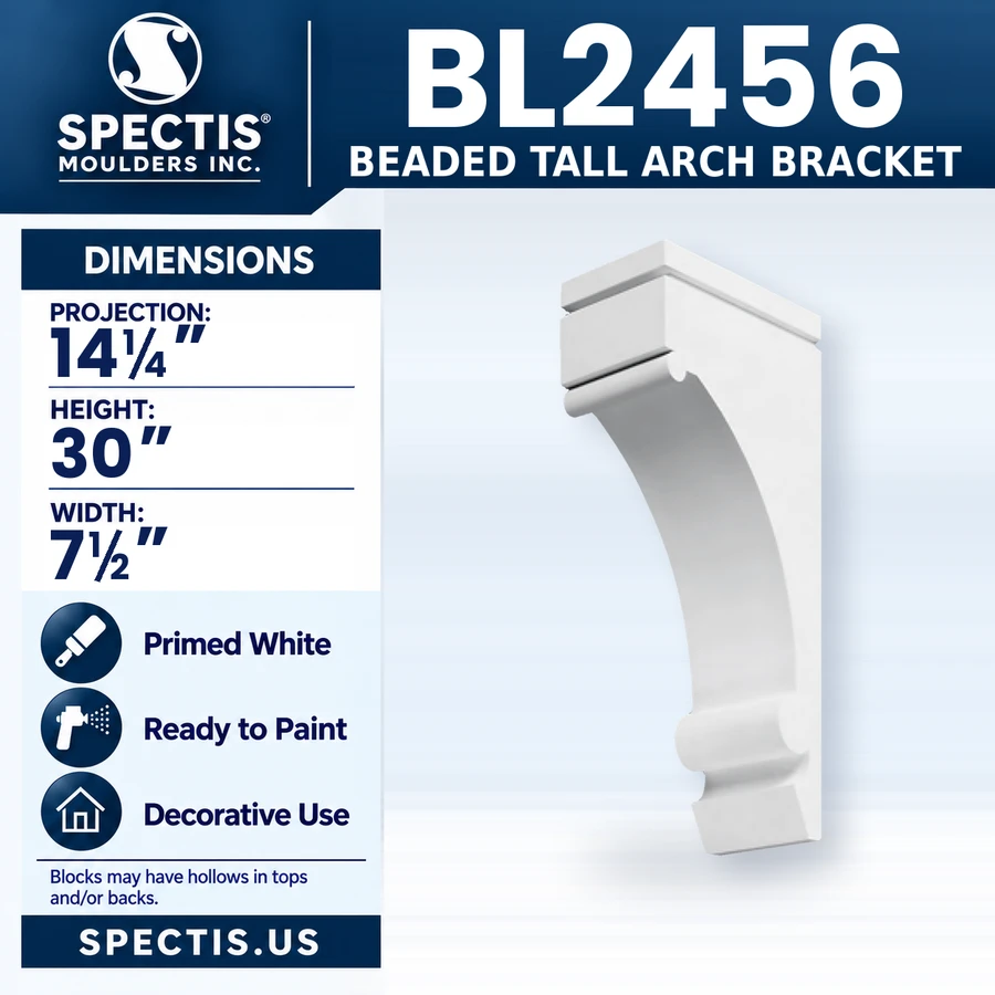 BL2456 Beaded Tall Arch Bracket, Spectis polyurethane bracket, 14 1/4 in projection x 30 in high x 7 1/2 in wide