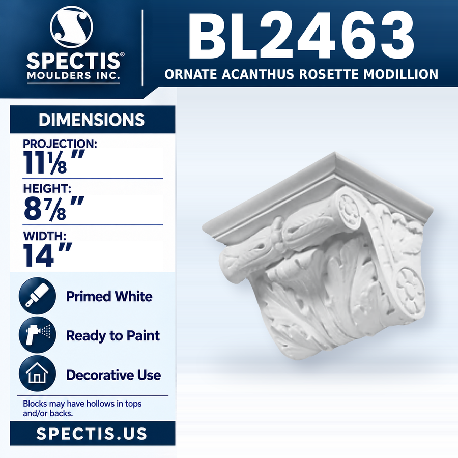 BL2463 Ornate Acanthus Rosette Modillion, Spectis polyurethane modillion, 11 1/8 in projection x 8 7/8 in high x 14 in wide