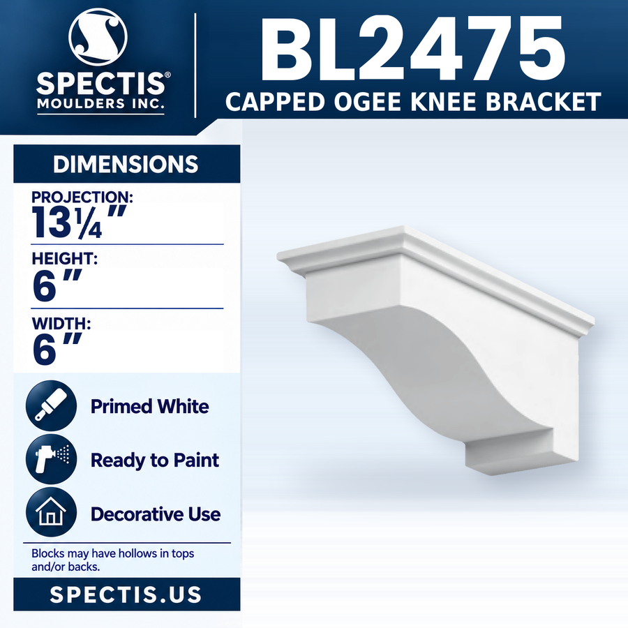 BL2475 Capped Ogee Knee Bracket, Spectis polyurethane bracket, 13 1/4 in projection x 6 in high x 6 in wide
