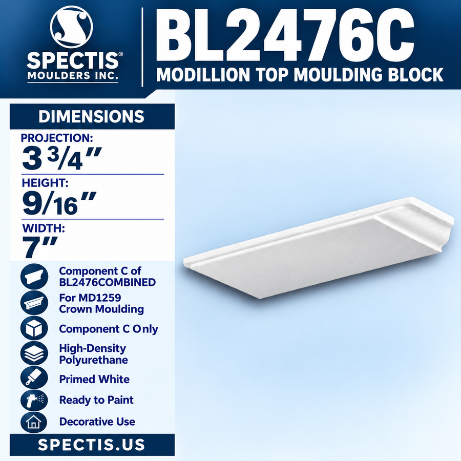 Spectis BL2476C Modillion Top Moulding Block 7"W x 9/16"H x 3 3/4"P; component C only for BL2476COMBINED; for MD1259 crown moulding; high-density polyurethane.