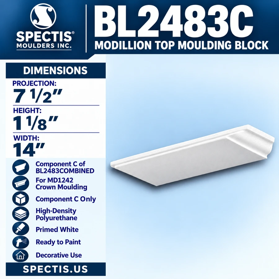 Spectis BL2483C Modillion Top Moulding Block 14"W x 1 1/8"H x 7 1/2"P; component C only for BL2483COMBINED; for MD1242 crown moulding; high-density polyurethane.