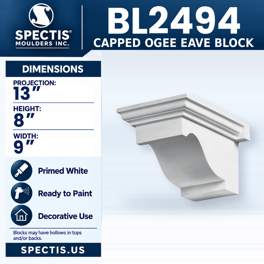 BL2494 Capped Ogee Eave Block, Spectis polyurethane block, 13 in projection x 8 in high x 9 in wide