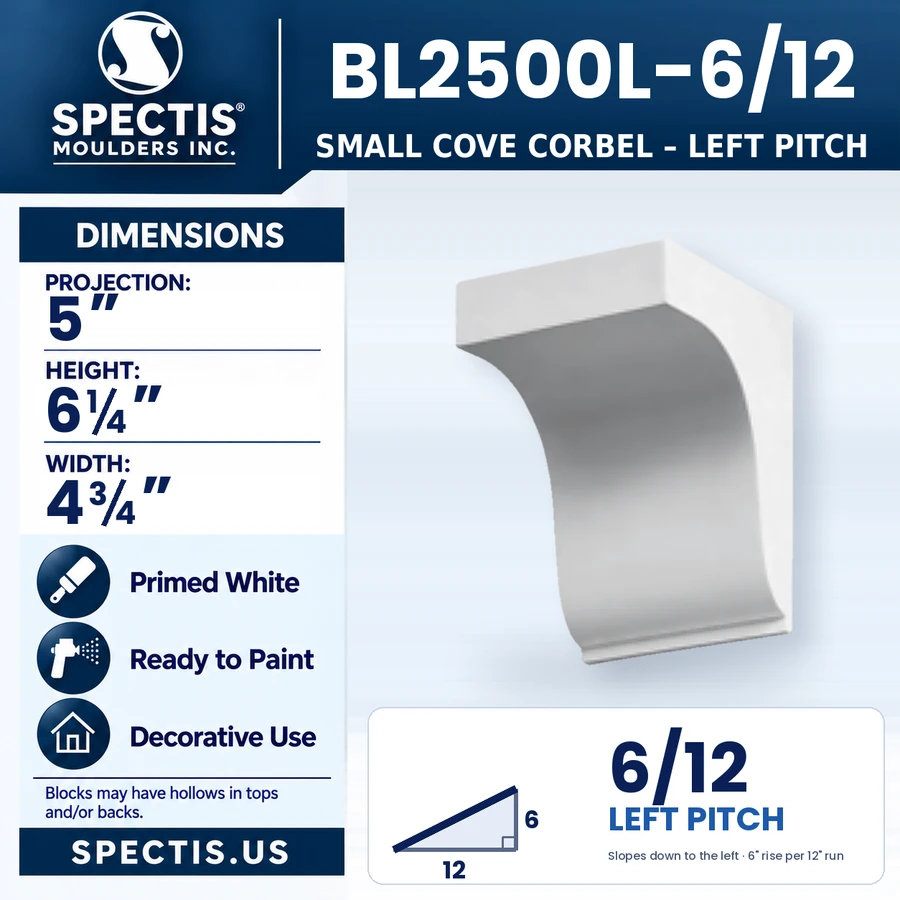 BL2500L-6/12 Small Cove Corbel, left 6/12 pitch, Spectis polyurethane corbel, 5 in projection x 6 1/4 in high x 4 3/4 in wide