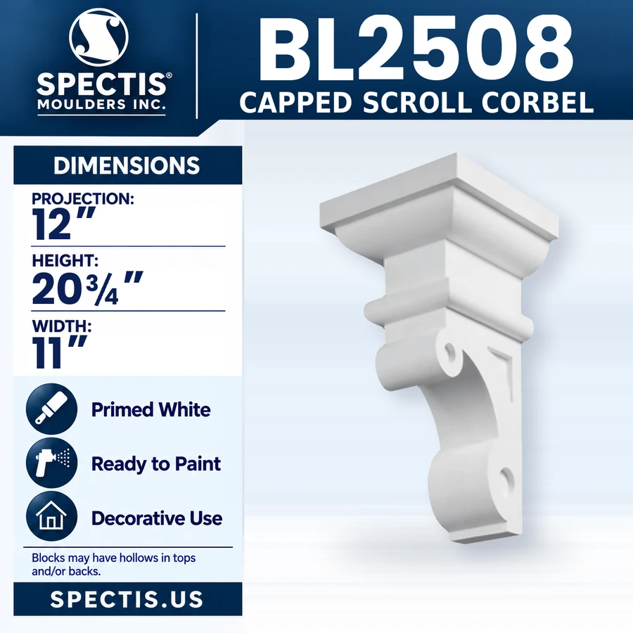 BL2508 Capped Scroll Corbel, Spectis polyurethane corbel, 12 in projection x 20 3/4 in high x 11 in wide