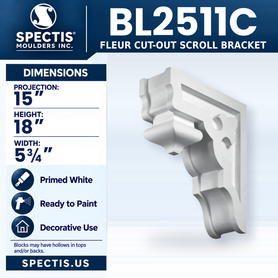 BL2511C Fleur Cut-Out Scroll Bracket, Spectis polyurethane bracket, 15 in projection x 18 in high x 5 3/4 in wide