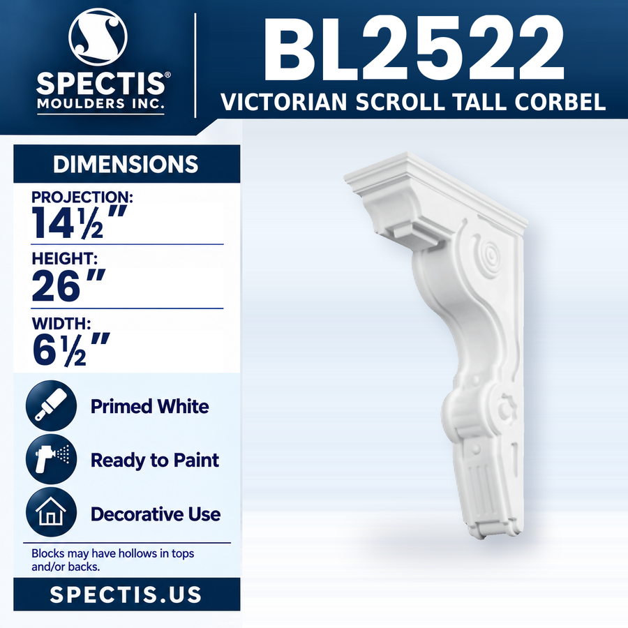 BL2522 Victorian Scroll Tall Corbel, Spectis polyurethane corbel, 14 1/2 in projection x 26 in high x 6 1/2 in wide